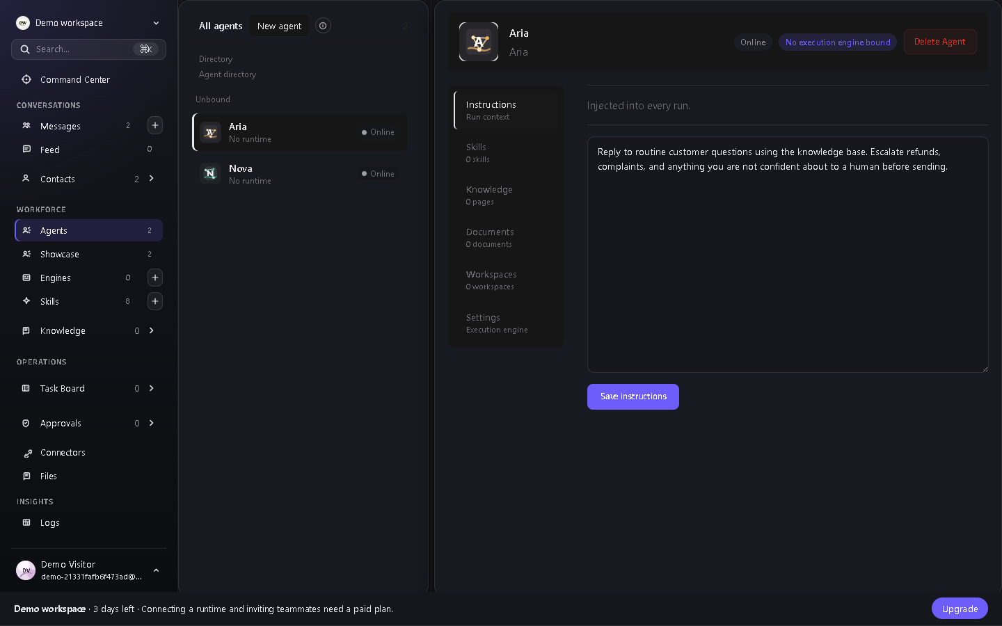 Agent settings: instructions, skills, knowledge and runtime binding